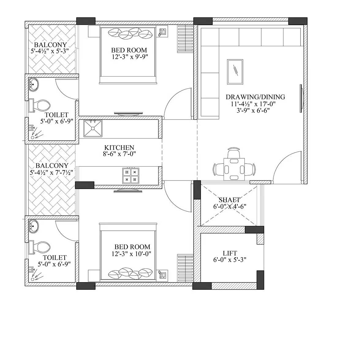 Floor plan of 2 BHK 960 Sq. Ft. Apartment in Somya Sky Crest, Jaipur