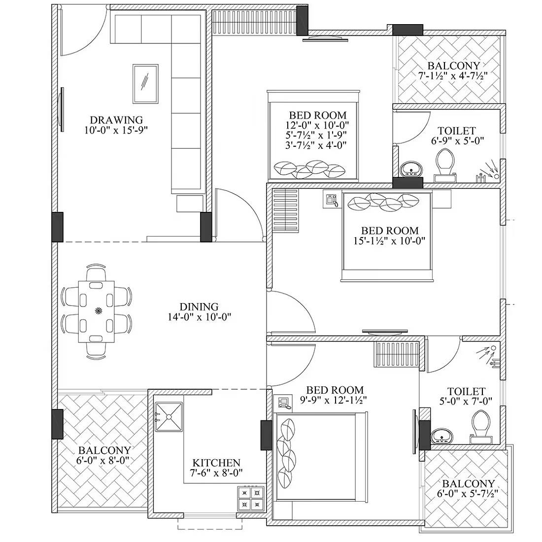 Floor plan of 3 BHK 1360 Sq. Ft. Apartment in Somya Sky Crest, Jaipur