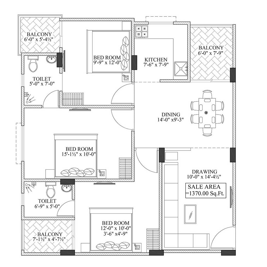 Floor plan of 3 BHK 1370 Sq. Ft. Apartment in Somya Sky Crest, Jaipur