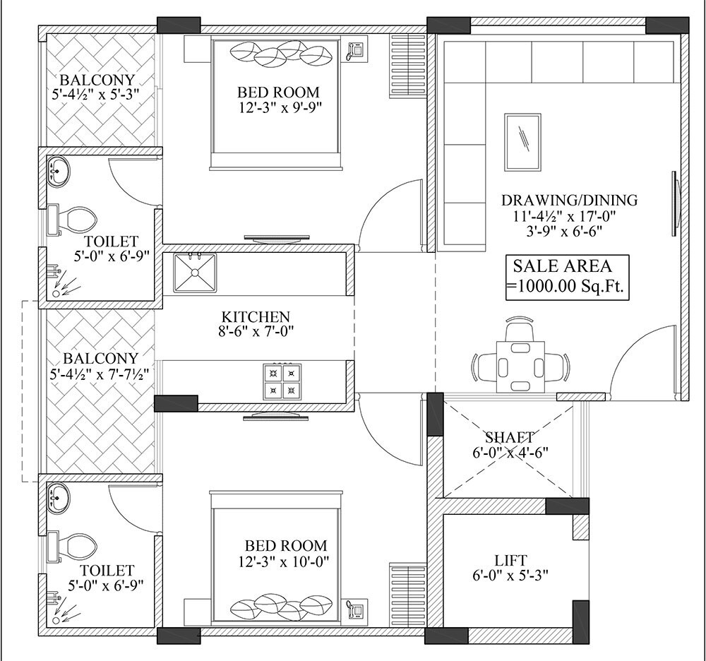 2 BHK 1000 Sq. Ft. Apartment
