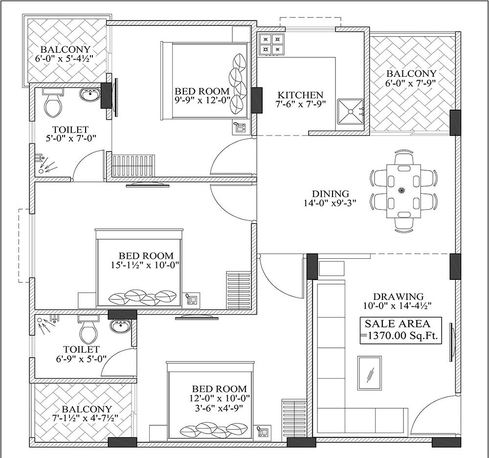 3 BHK 1370 Sq. Ft. Apartment