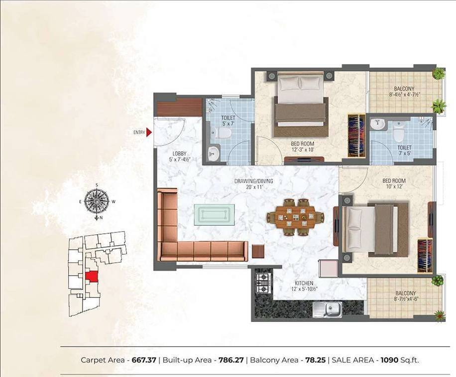 Floor plan of 2 BHK 1090 Sq. Ft. Apartment in Somya Sky Elite, Jaipur