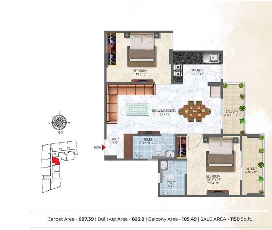 Floor plan of 2 BHK 1150 Sq. Ft. Apartment in Somya Sky Elite, Jaipur