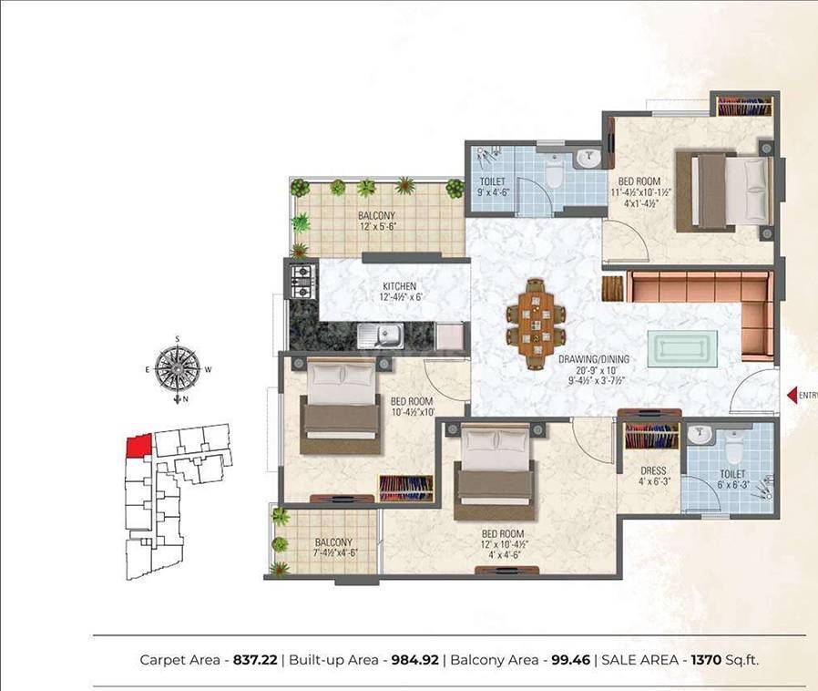 Floor plan of 3 BHK 1370 Sq. Ft. Apartment in Somya Sky Elite, Jaipur