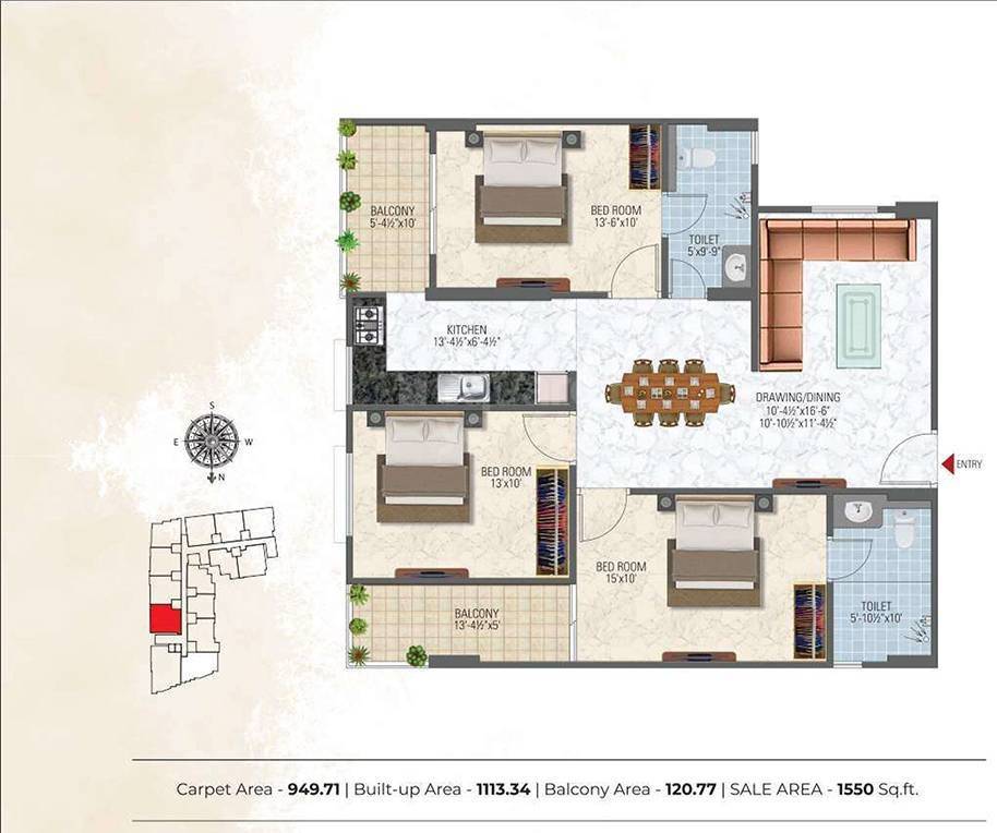 Floor plan of 3 BHK 1550 Sq. Ft. Apartment in Somya Sky Elite, Jaipur
