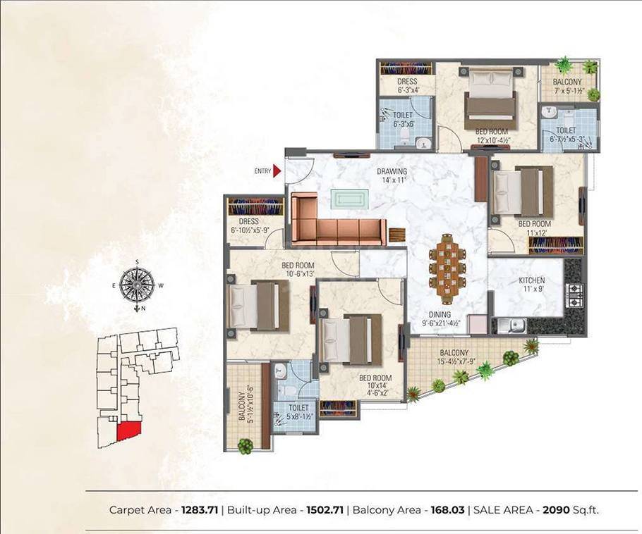 Floor plan of 4 BHK 2090 Sq. Ft. Apartment in Somya Sky Elite, Jaipur