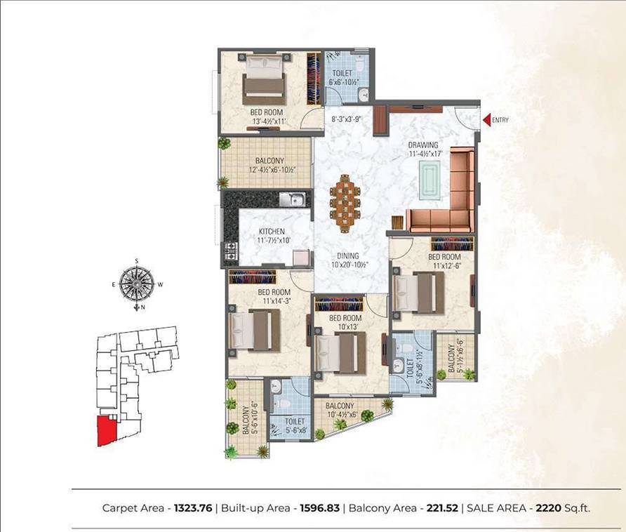 Floor plan of 4 BHK 2220 Sq. Ft. Apartment in Somya Sky Elite, Jaipur