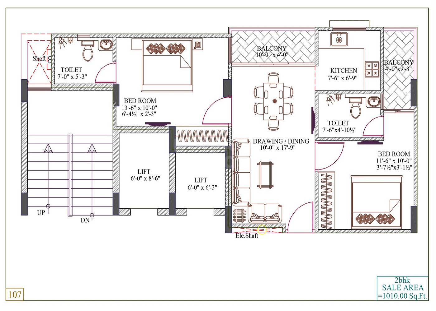 Floor plan of 2 BHK 1010 Sq. Ft. Apartment in Somya Sky Legend, Jaipur