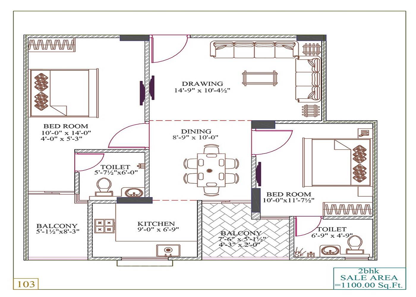 Floor plan of 2 BHK 1100 Sq. Ft. Apartment in Somya Sky Legend, Jaipur