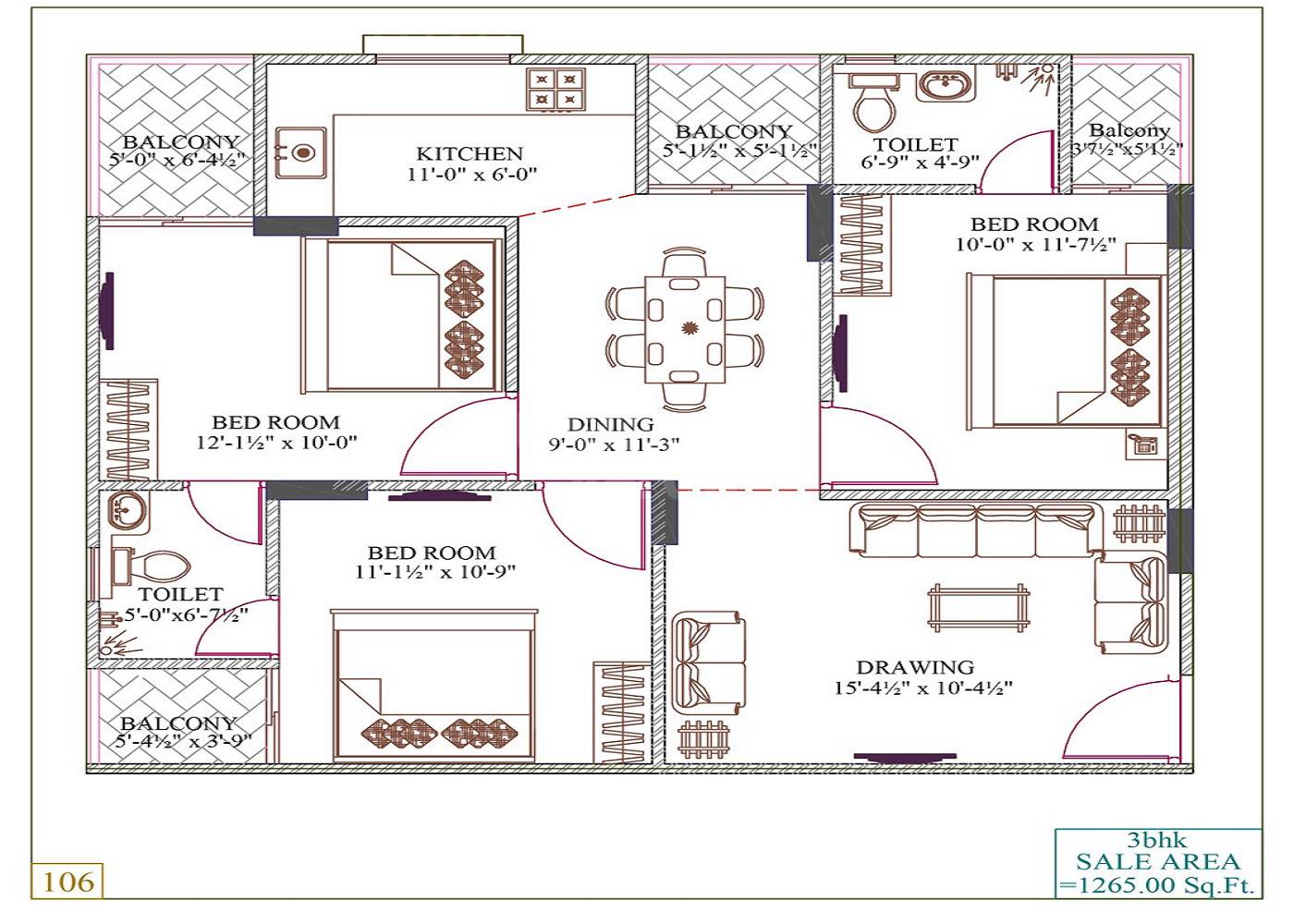 Floor plan of 3 BHK 1265 Sq. Ft. Apartment in Somya Sky Legend, Jaipur