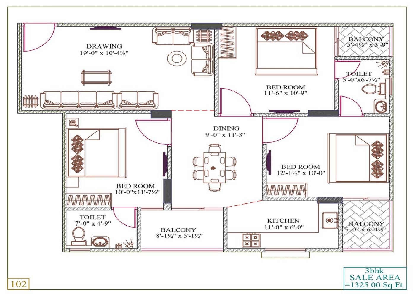Floor plan of 3 BHK 1325 Sq. Ft. Apartment in Somya Sky Legend, Jaipur