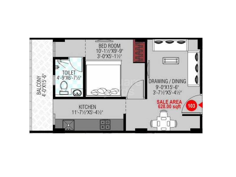Floor plan of 1 BHK 628 Sq. Ft. Apartment in Somya Sky Rise, Jaipur