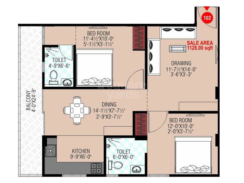 Floor plan of 2 BHK 1128 Sq. Ft. Apartment in Somya Sky Rise, Jaipur