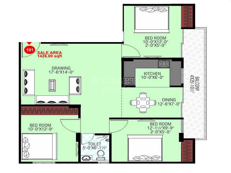 Floor plan of 3 BHK 1426 Sq. Ft. Apartment in Somya Sky Rise, Jaipur