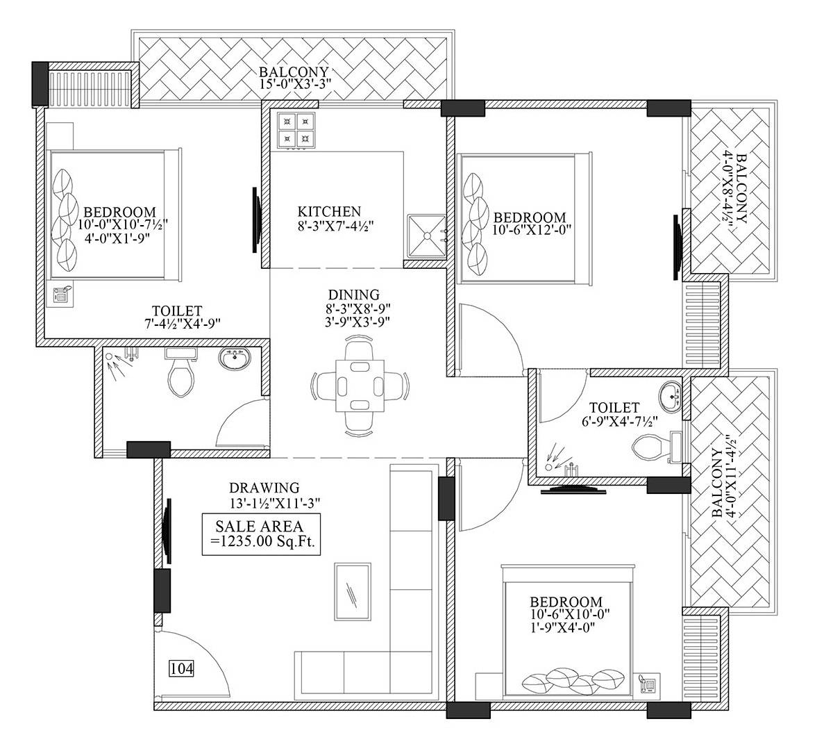 3 BHK 1235 Sq. Ft. Apartment