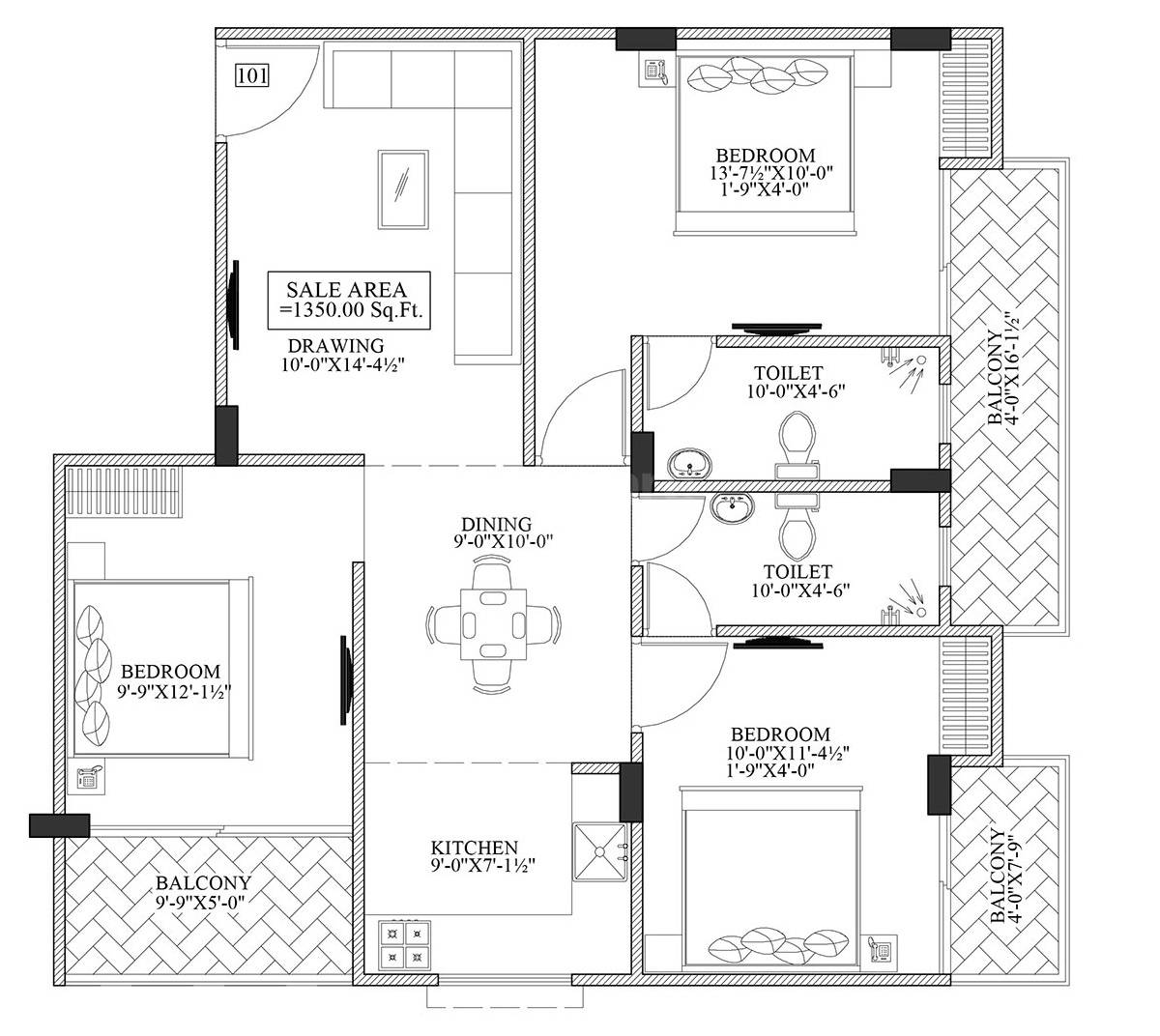 3 BHK 1350 Sq. Ft. Apartment
