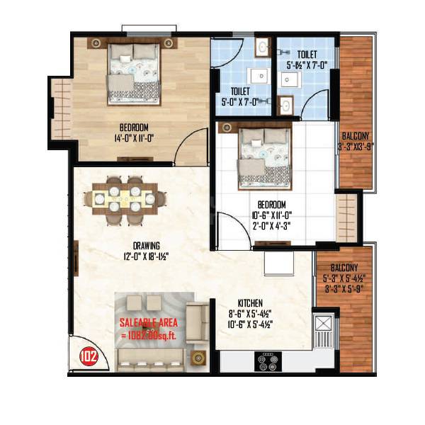 Floor plan of 2 BHK 1082 Sq. Ft. Apartment in MD G4 Apartments, Jaipur
