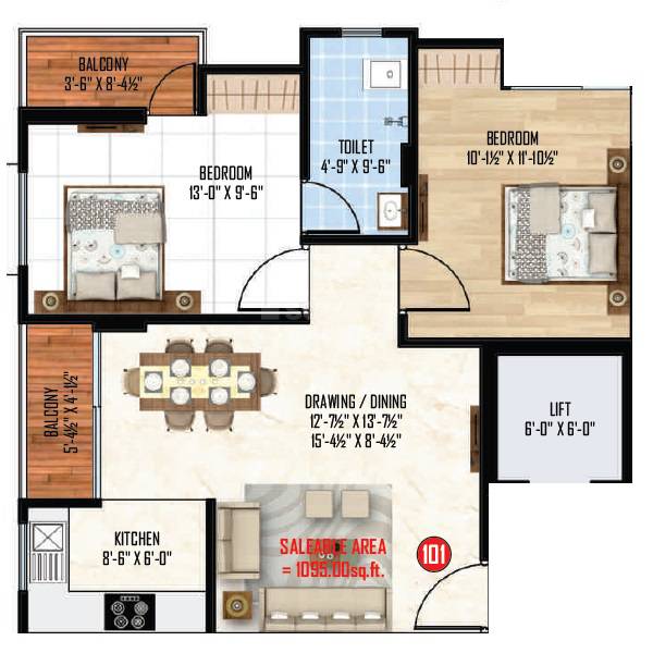 Floor plan of 2 BHK 1095 Sq. Ft. Apartment in MD G4 Apartments, Jaipur
