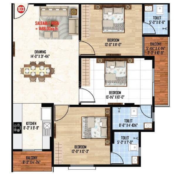 Floor plan of 3 BHK 1466 Sq. Ft. Apartment in MD G4 Apartments, Jaipur