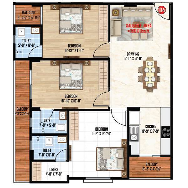 Floor plan of 3 BHK 1510 Sq. Ft. Apartment in MD G4 Apartments, Jaipur