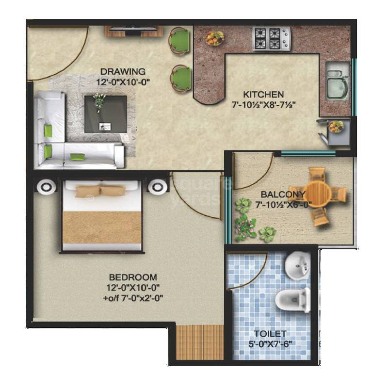 Floor plan of 1 BHK 595 Sq. Ft. Apartment in Sri Grand Golden Bells, Jaipur