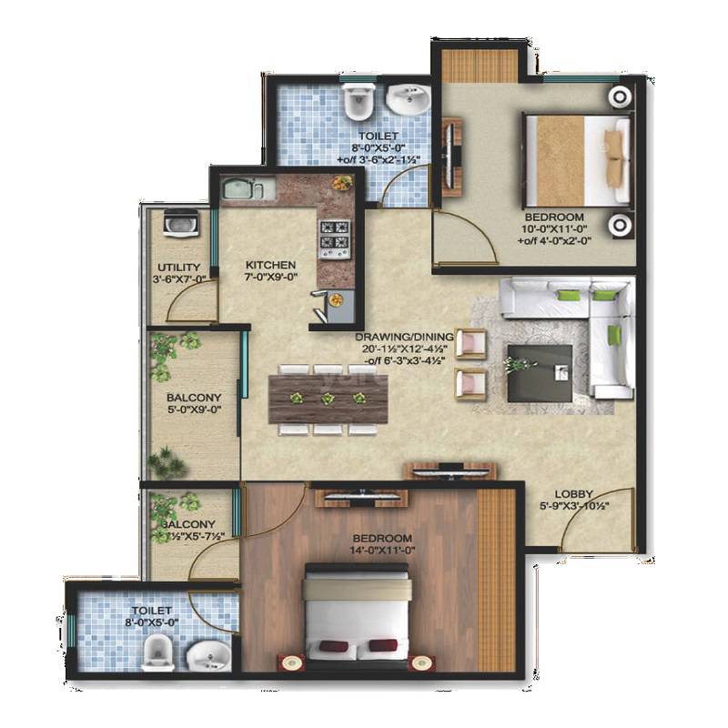 Floor plan of 2 BHK 1152 Sq. Ft. Apartment in Sri Grand Golden Bells, Jaipur