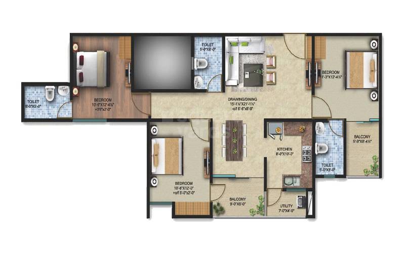 Floor plan of 3 BHK 1605 Sq. Ft. Apartment in Sri Grand Golden Bells, Jaipur