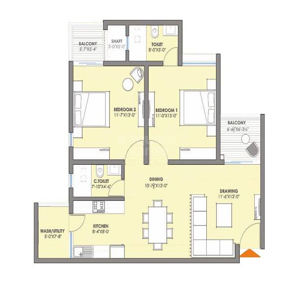 Floor plan of 2 BHK 1248 Sq. Ft. Apartment in SSB Times Residency, Jaipur