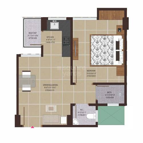 Floor plan of 1 BHK 355 Sq. Ft. Apartment in SSBC Prangan, Jaipur