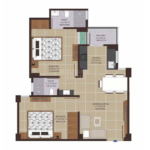 Floor plan of 2 BHK 573 Sq. Ft. Apartment in SSBC Prangan, Jaipur