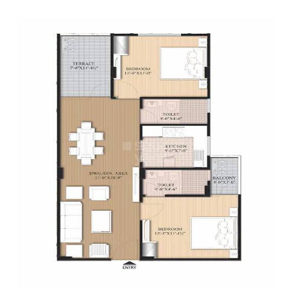 Floor plan of 2 BHK 1195 Sq. Ft. Apartment in SSBC The Elegance, Jaipur