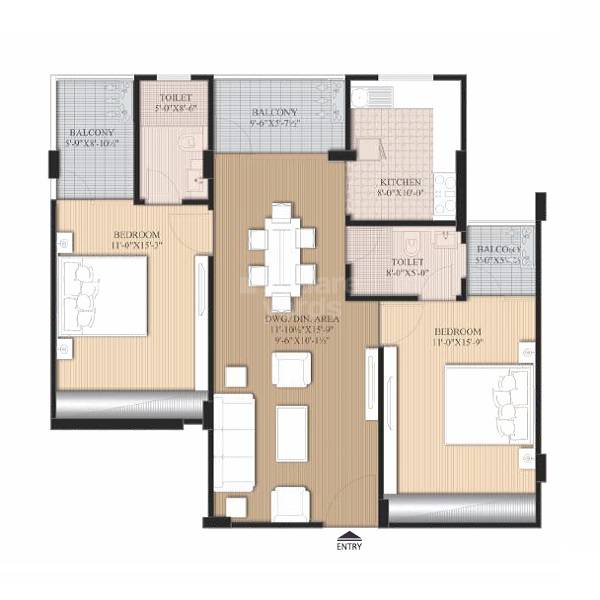 Floor plan of 2 BHK 1271 Sq. Ft. Apartment in SSBC The Elegance, Jaipur