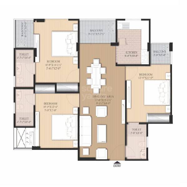 Floor plan of 3 BHK 1453 Sq. Ft. Apartment in SSBC The Elegance, Jaipur