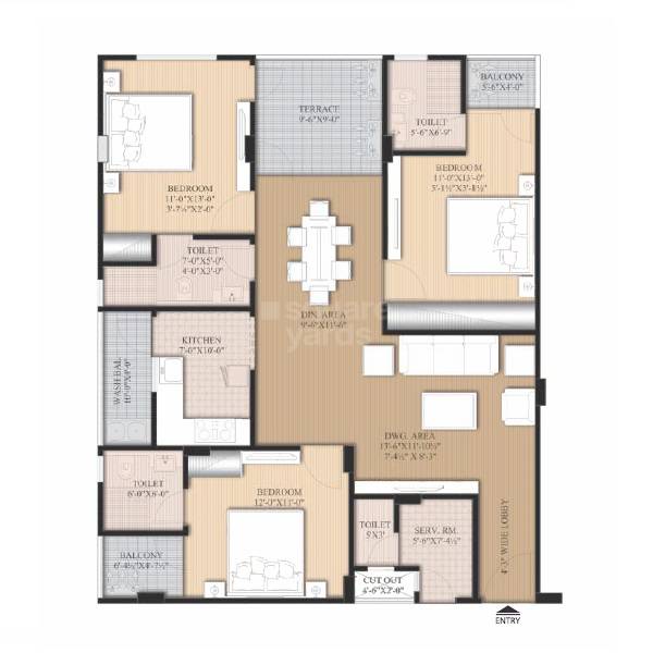 Floor plan of 3 BHK 1716 Sq. Ft. Apartment in SSBC The Elegance, Jaipur