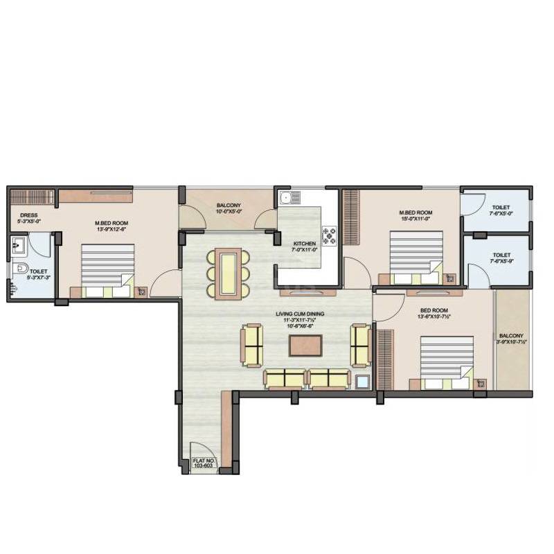 Floor plan of 3 BHK 1728 Sq. Ft. Apartment in SSBC Utsav, Jaipur