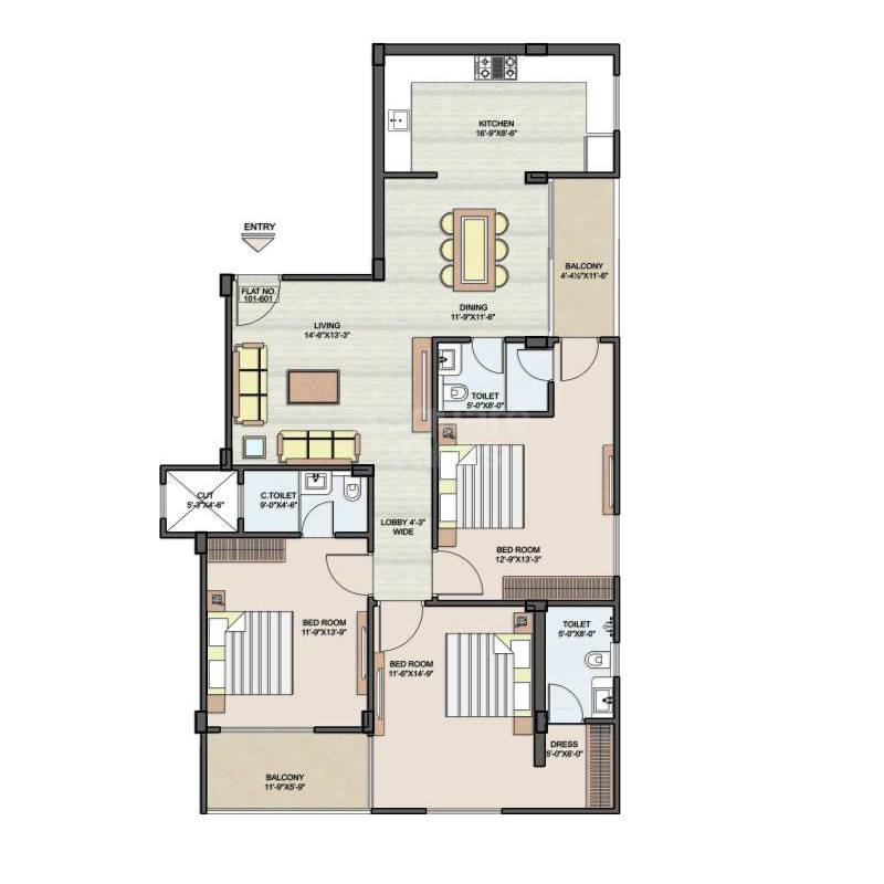 Floor plan of 3 BHK 1931 Sq. Ft. Apartment in SSBC Utsav, Jaipur