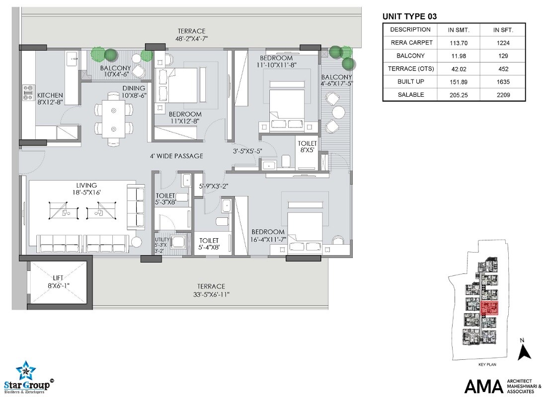 Floor plan of 3 BHK 2209 Sq. Ft. Apartment in Star Islands, Jaipur
