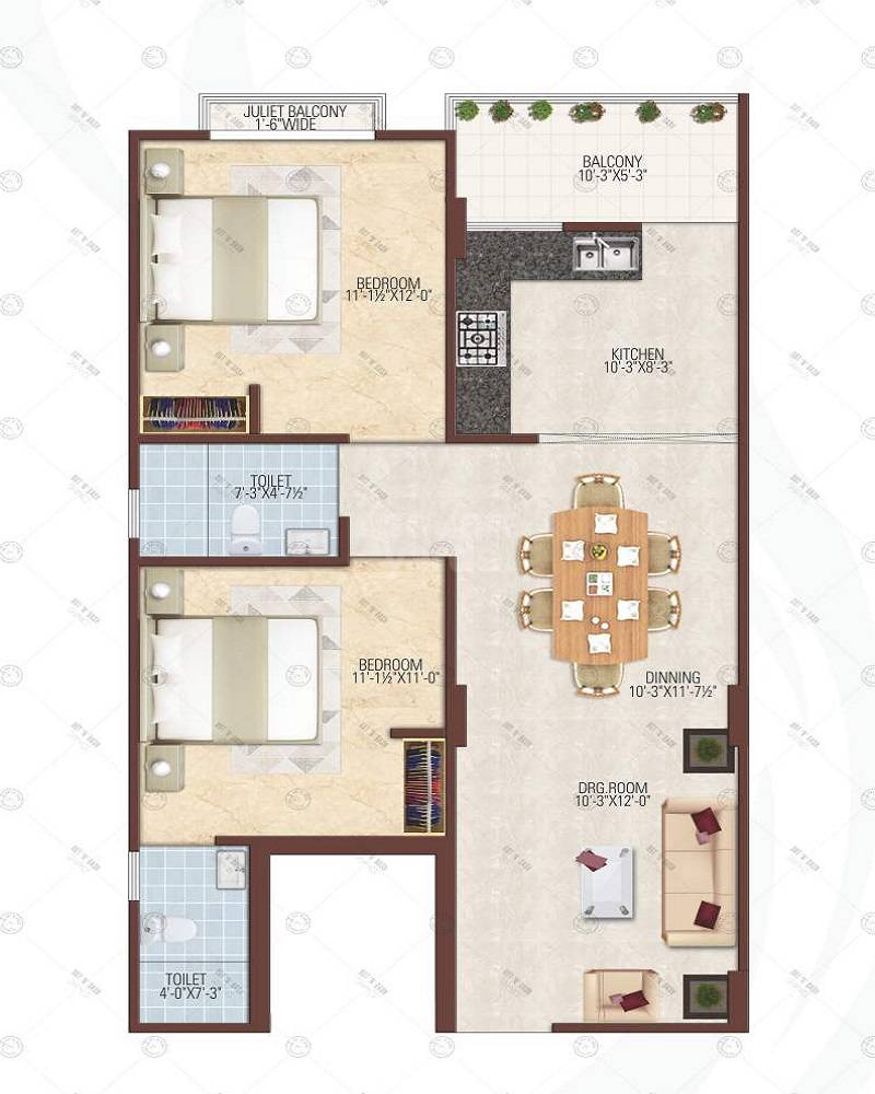 Floor plan of 2 BHK 1225 Sq. Ft. Apartment in Studio Guru Kripa Aaradhana, Jaipur