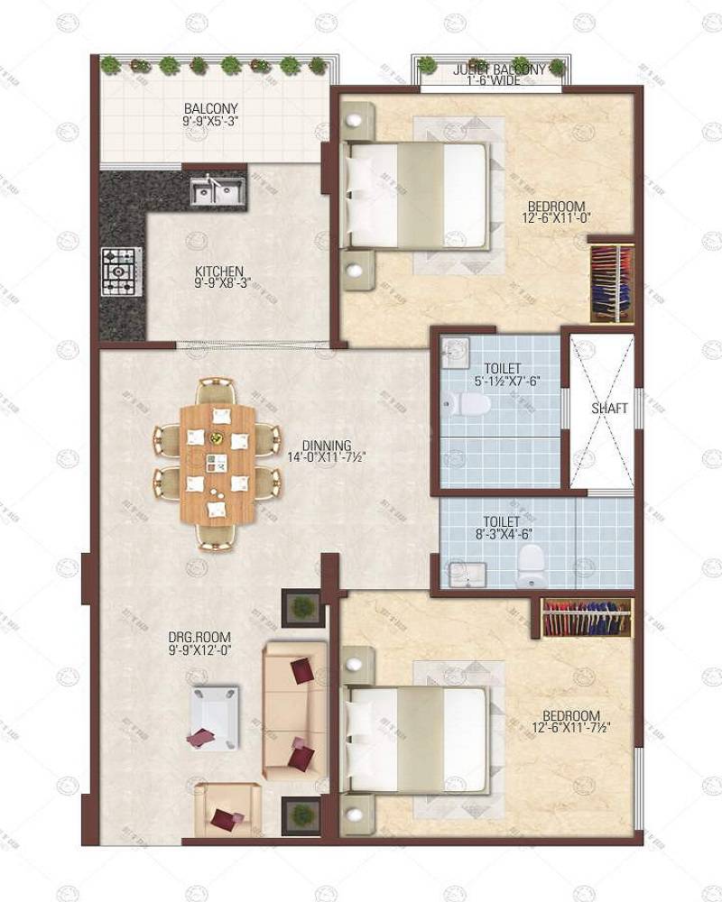 Floor plan of 2 BHK 1309 Sq. Ft. Apartment in Studio Guru Kripa Aaradhana, Jaipur