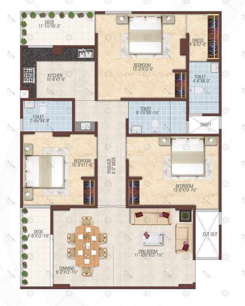 Floor plan of 3 BHK 1782 Sq. Ft. Apartment in Studio Guru Kripa Aaradhana, Jaipur