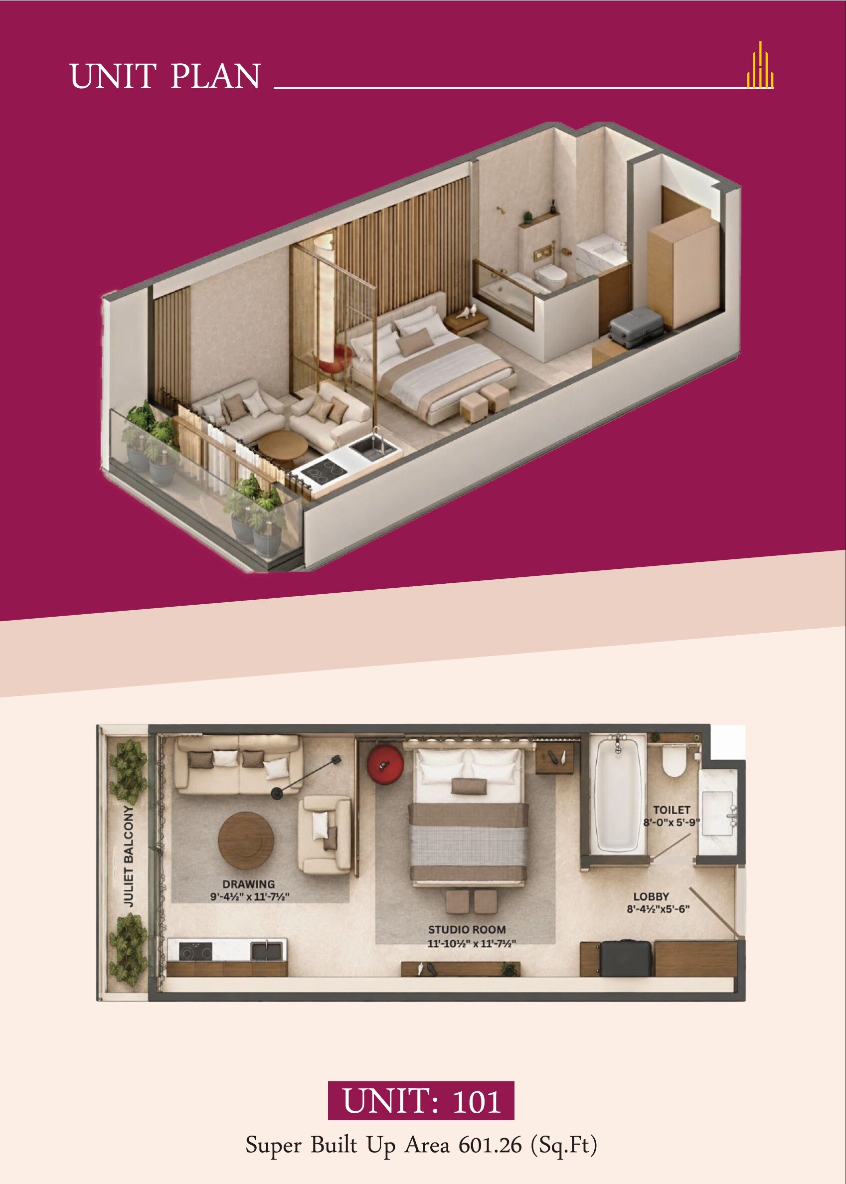 Floor plan of 601 Sq. Ft. Studio in Sukham Ivaan Suites, Jaipur