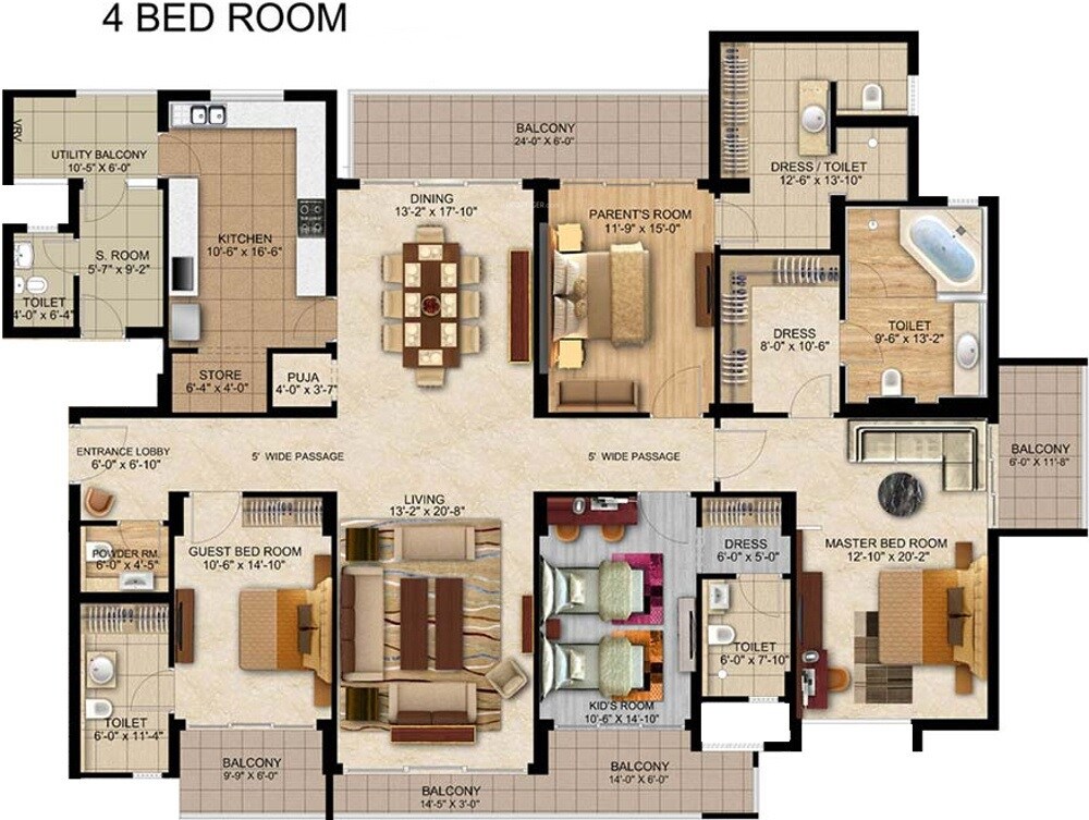Floor plan of 4 BHK 3389 Sq. Ft. Apartment in Suncity Jewel Of India, Jaipur