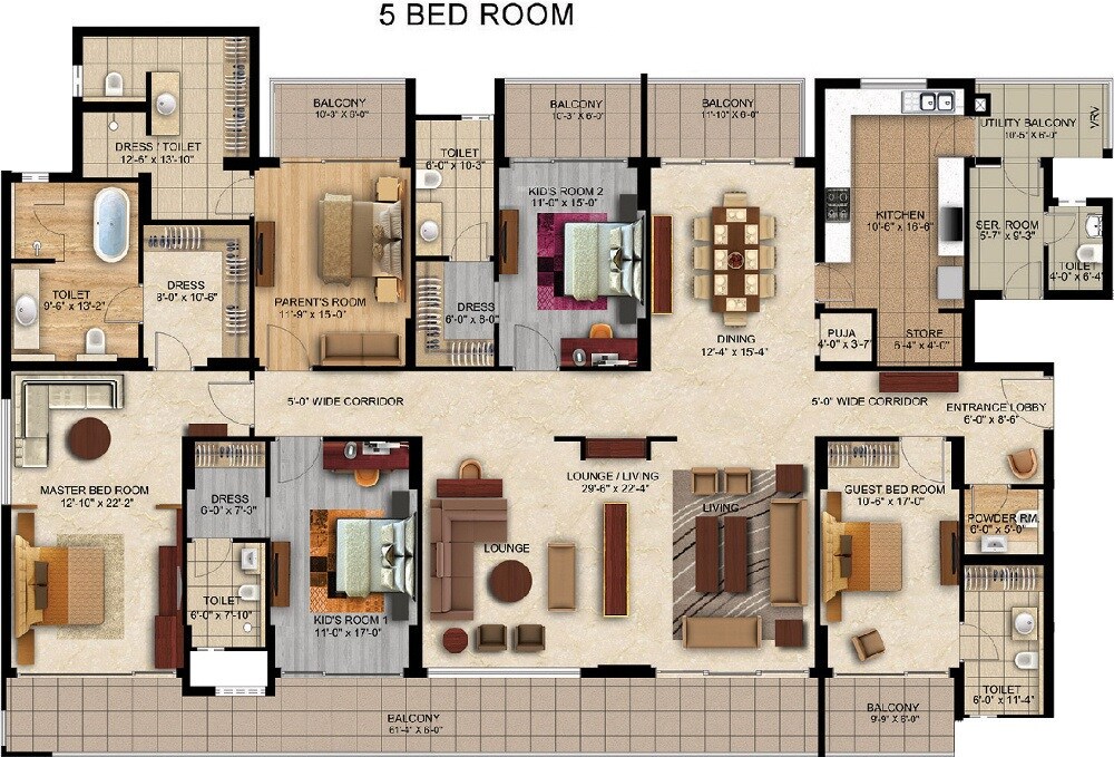 Floor plan of 5 BHK 5000 Sq. Ft. Apartment in Suncity Jewel Of India, Jaipur