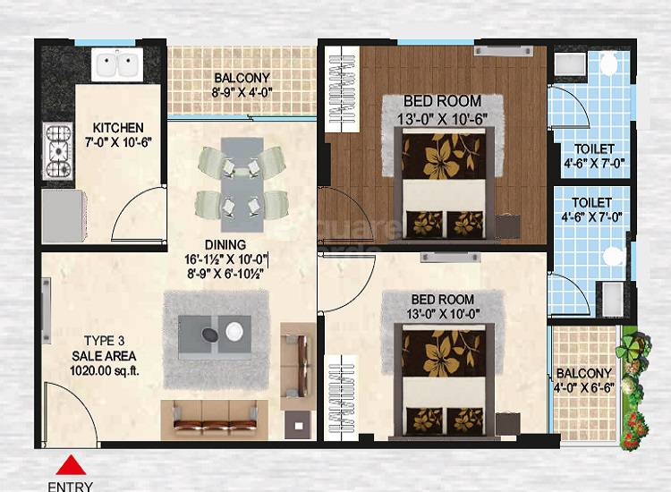 Floor plan of 2 BHK 1020 Sq. Ft. Apartment in Swadeshi Umaid Niwas, Jaipur