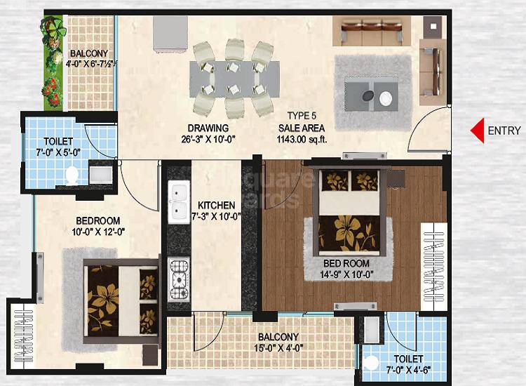 Floor plan of 2 BHK 1143 Sq. Ft. Apartment in Swadeshi Umaid Niwas, Jaipur