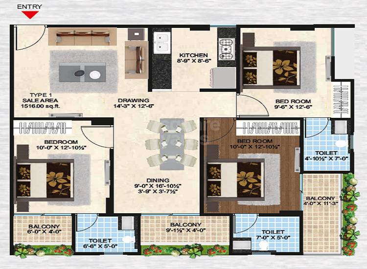 Floor plan of 3 BHK 1516 Sq. Ft. Apartment in Swadeshi Umaid Niwas, Jaipur