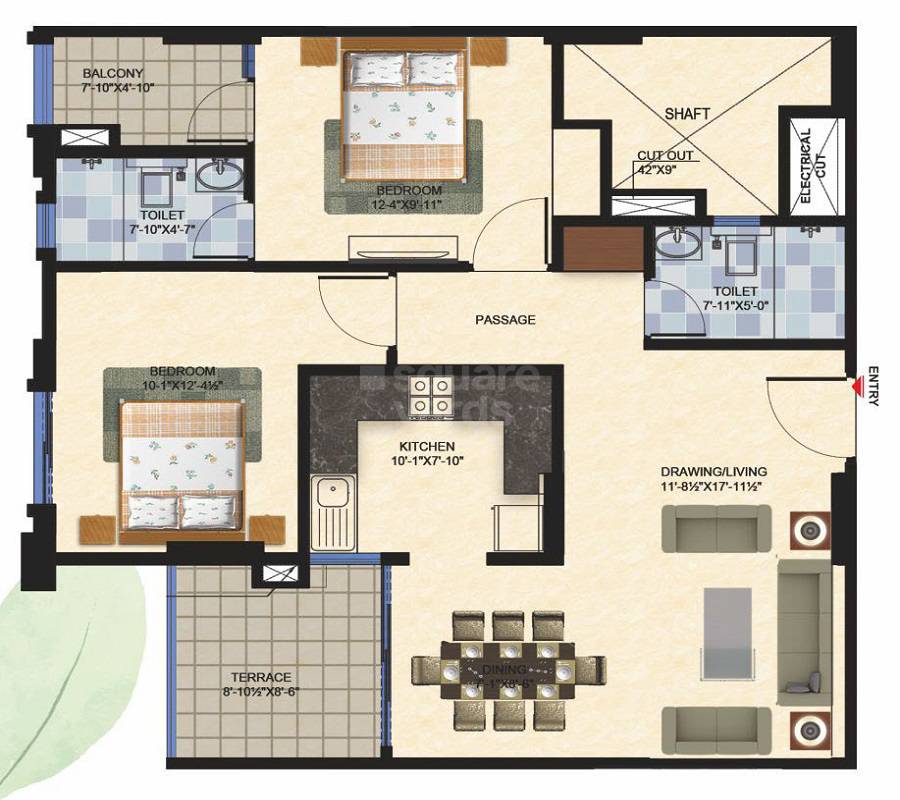 Floor plan of 2 BHK 568 Sq. Ft. Apartment in Terraza Greens, Jaipur