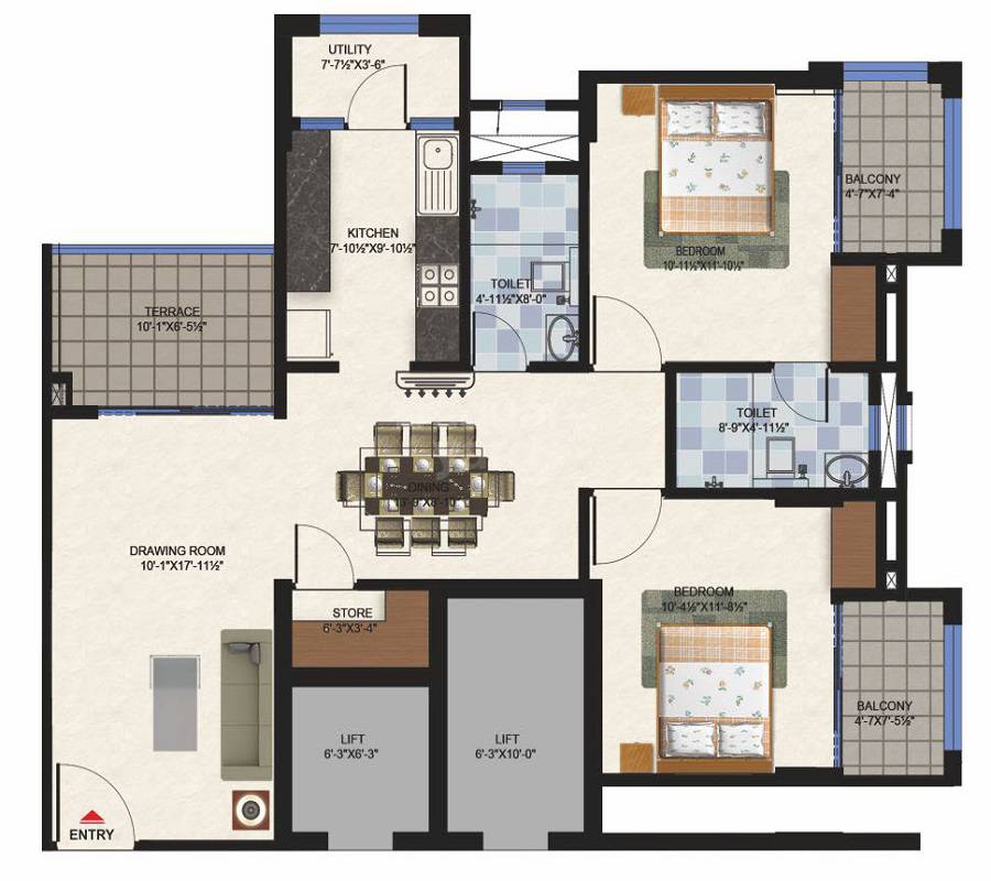 Floor plan of 2 BHK 844 Sq. Ft. Apartment in Terraza Greens, Jaipur