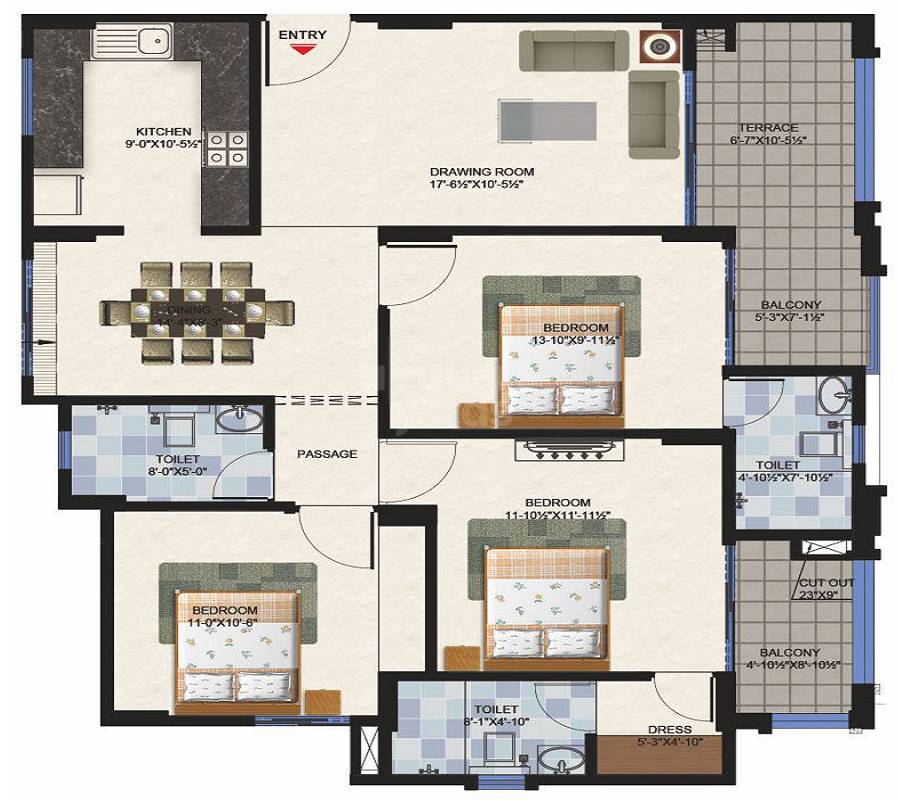 Floor plan of 3 BHK 1009 Sq. Ft. Apartment in Terraza Greens, Jaipur