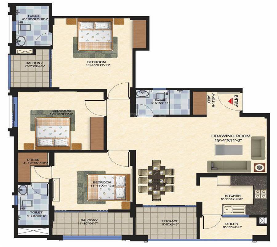 Floor plan of 3 BHK 1068 Sq. Ft. Apartment in Terraza Greens, Jaipur